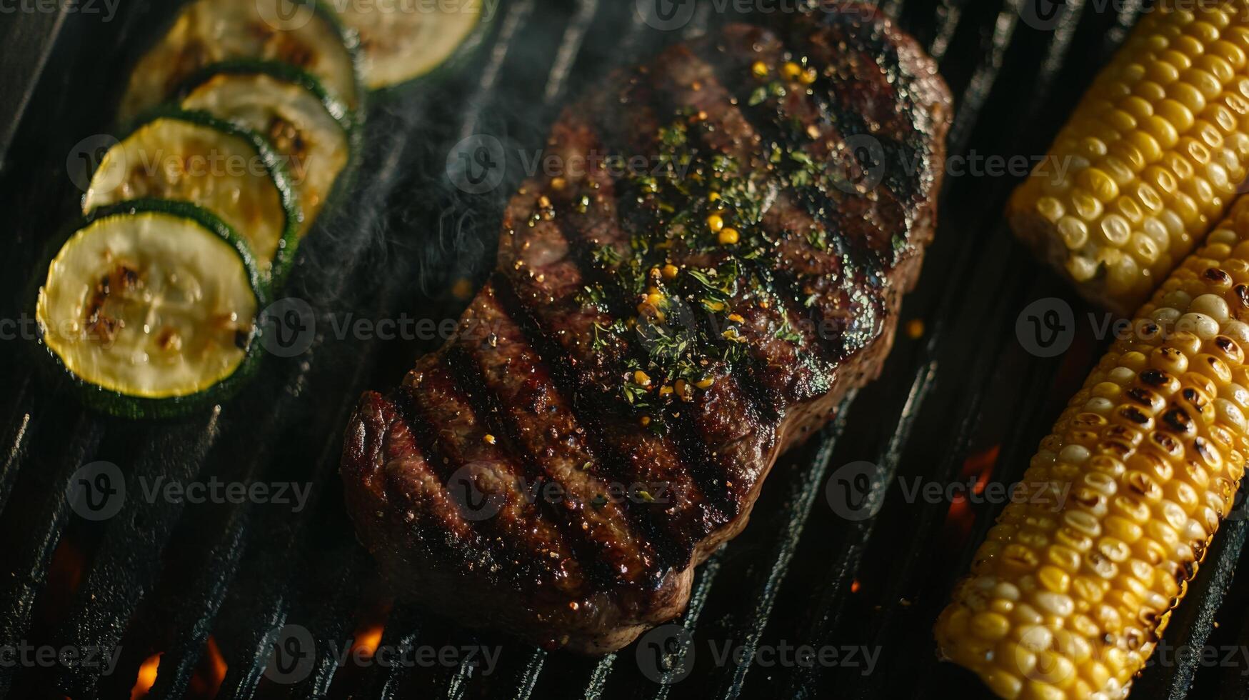Juicy steak, perfectly grilled, is served alongside slices of zucchini and fresh corn. Smoke rises from the barbecue, creating a delightful outdoor atmosphere for a summer meal. photo