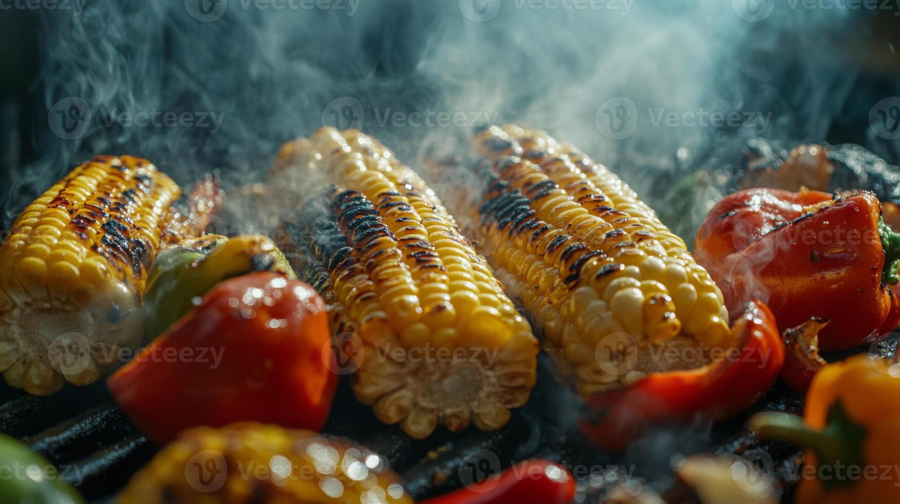 Sweet corn and vibrant bell peppers are sizzling on a hot grill, surrounded by rising smoke. Flames flicker beneath the vegetables, enhancing the barbecue's flavors during a sunny afternoon. photo