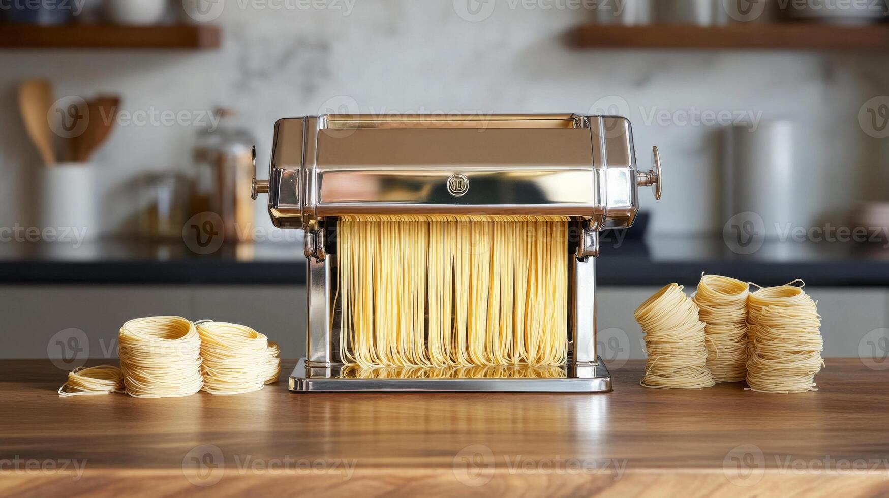 A sleek pasta maker stands on a wooden countertop. Fresh strands of pasta flow from the machine, surrounded by neatly rolled portions ready for cooking. photo