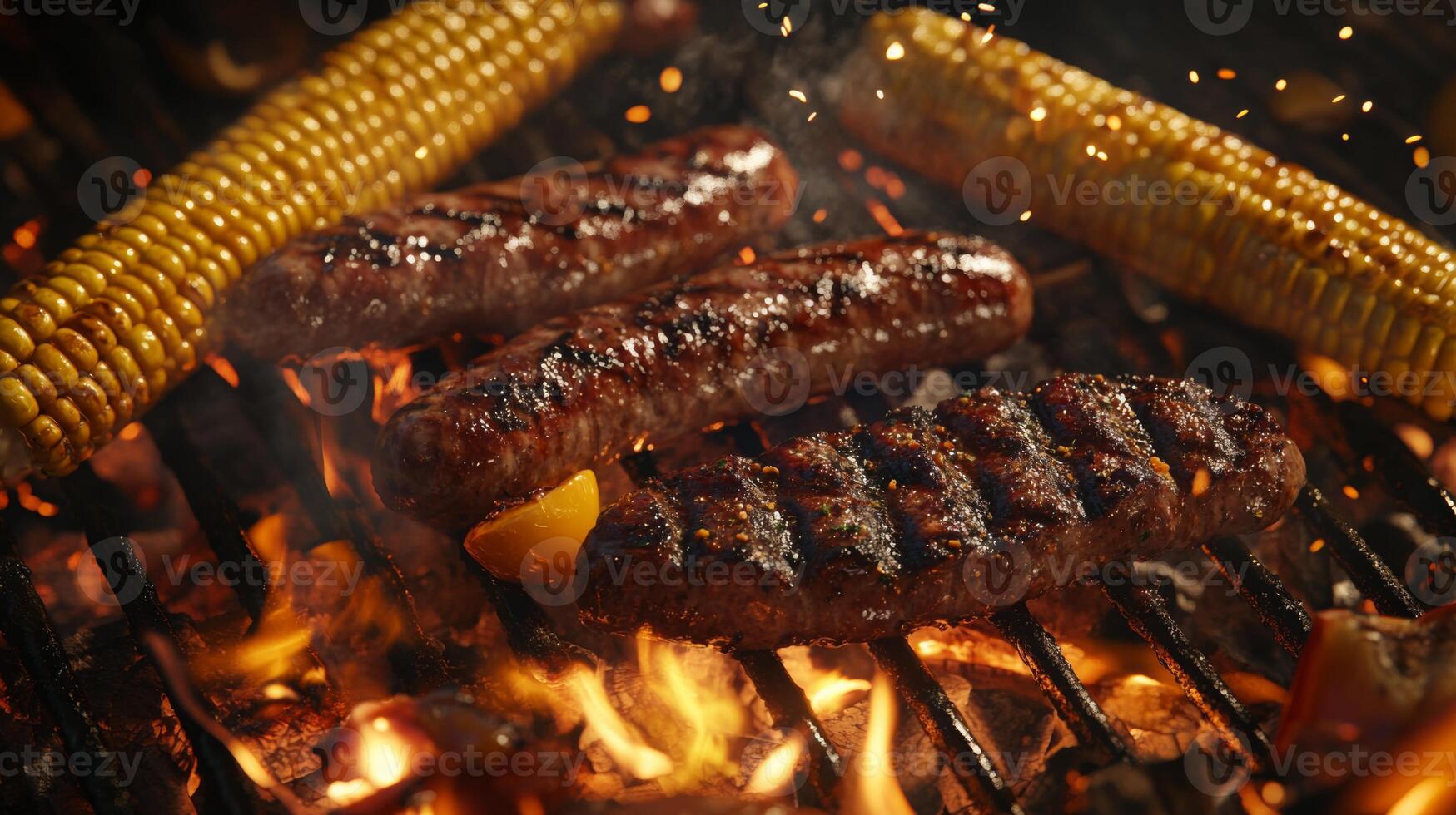 Juicy sausages and corn on the cob are sizzling on a barbecue grill, surrounded by bright flames. This inviting outdoor cooking scene showcases the art of grilling, perfect for summer gatherings. photo