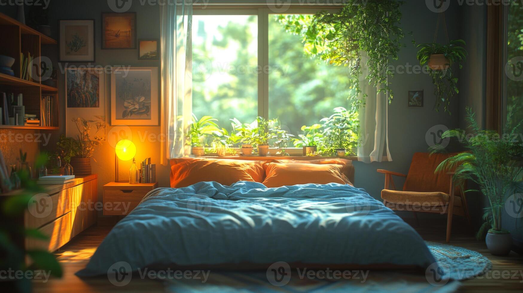 Bright and inviting bedroom features a large bed with cozy bedding. Sunlight streams through the window, illuminating indoor plants and enhancing the tranquil environment. photo