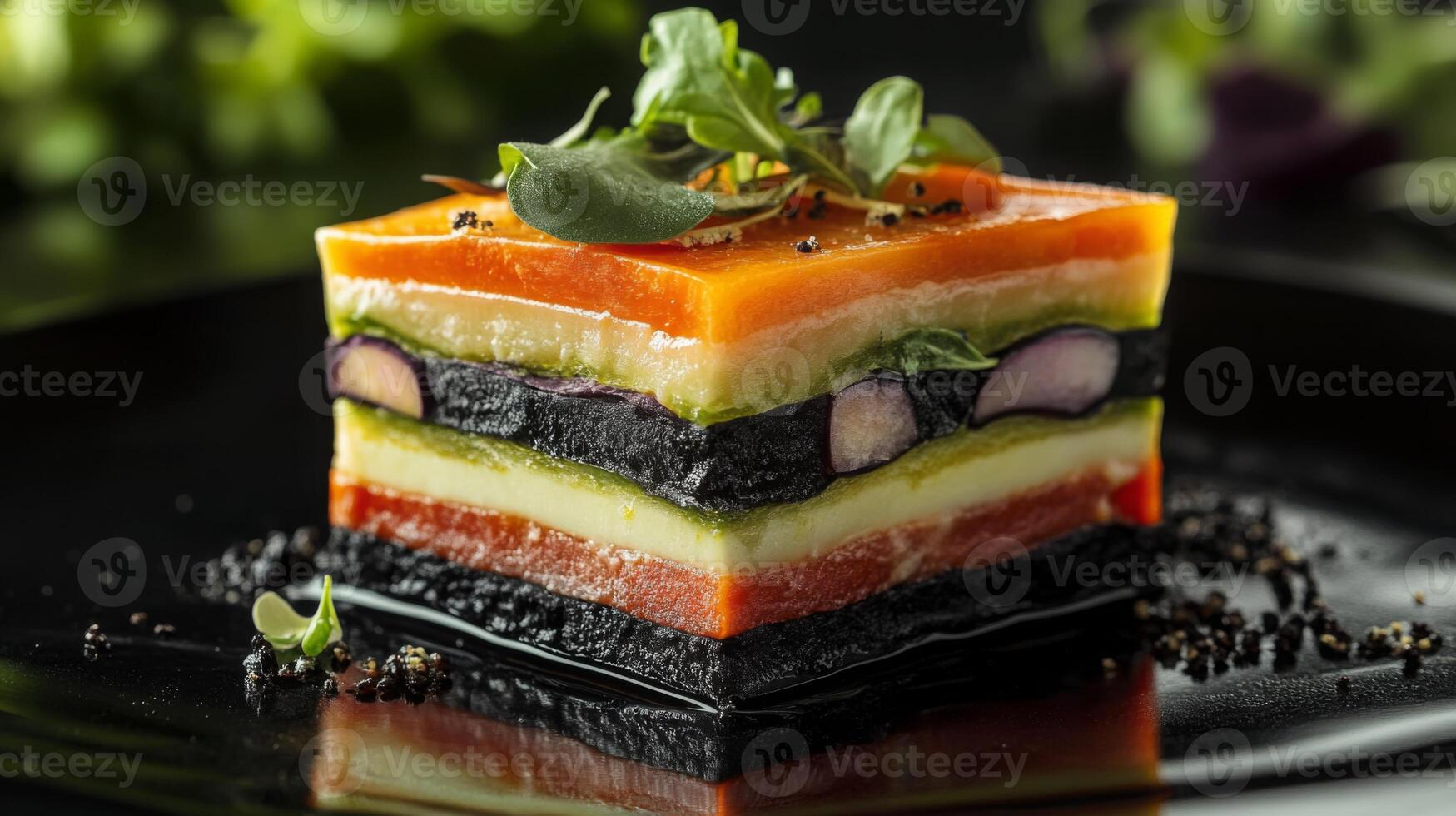 A vibrant pasta creation features layers of colorful vegetables and rich flavors. This dish is artfully plated on a dark background, highlighting its intricate design and fresh garnishes. photo