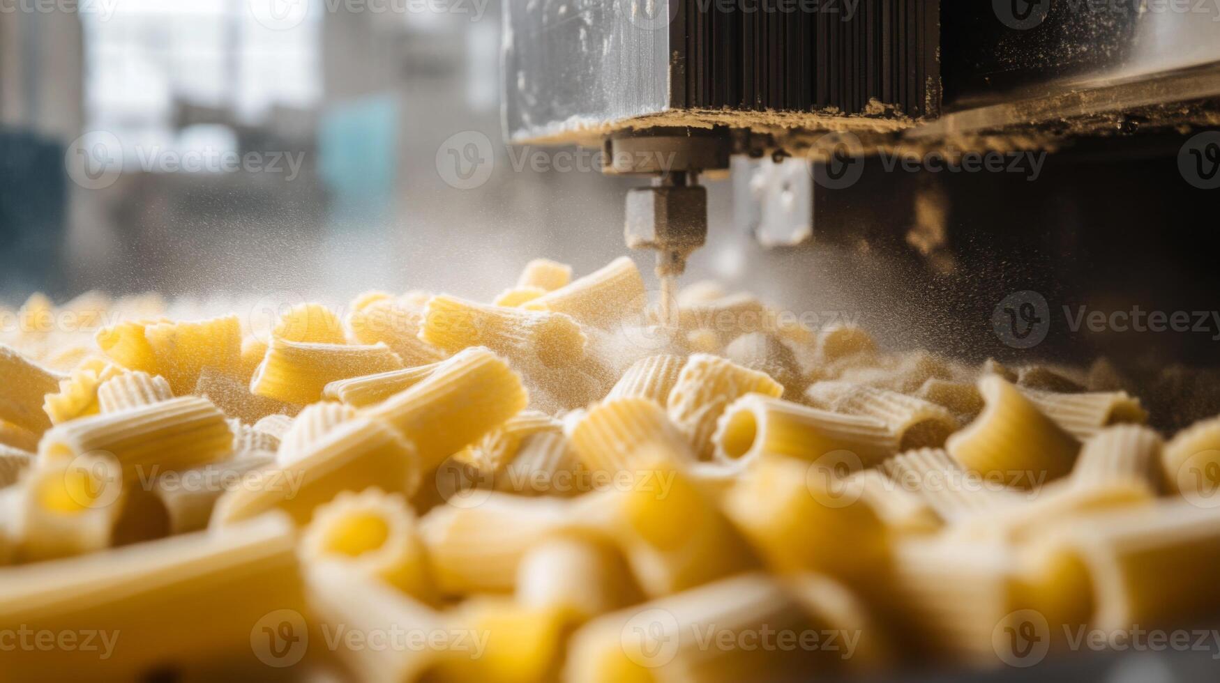 A close-up view of freshly produced pasta being processed in a factory. photo