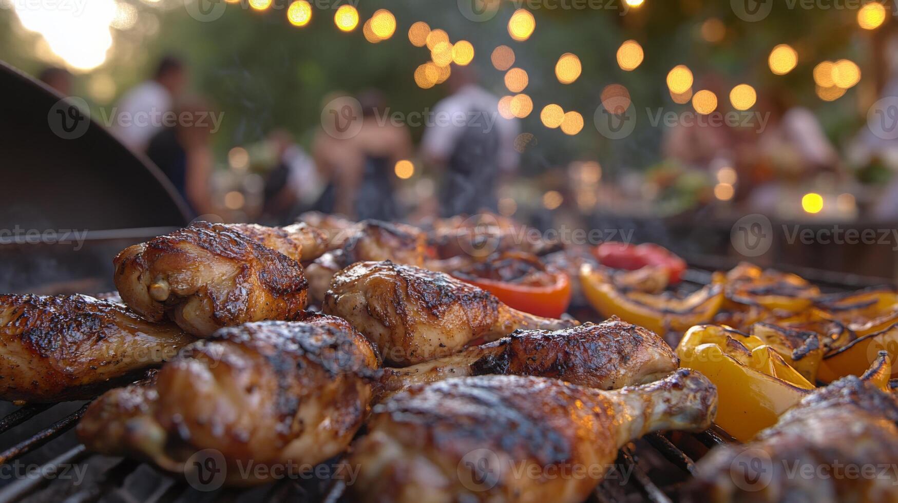 Succulent grilled chicken legs and colorful vegetables cook over the open flames at a festive outdoor gathering. Friends enjoy warm summer weather and lights twinkle in the background. photo
