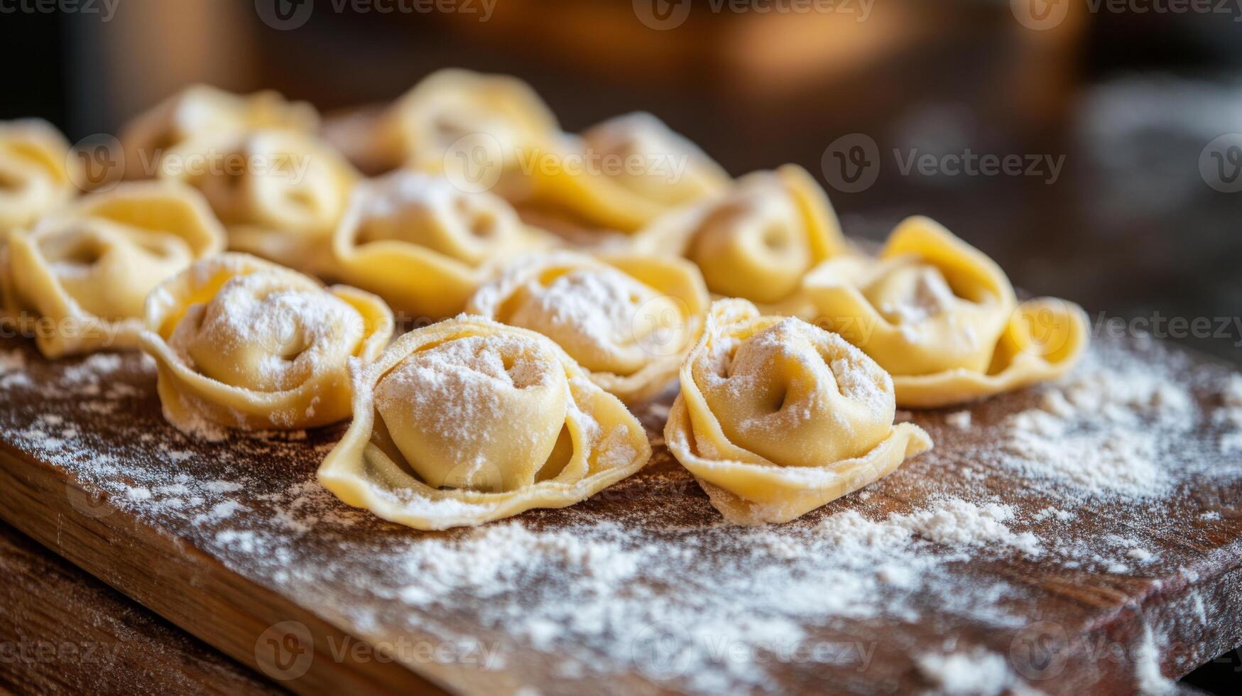 A beautifully crafted pasta dish sits on a wooden board, dusted with flour. Each piece showcases intricate folds and a delicate texture, waiting to be cooked. photo