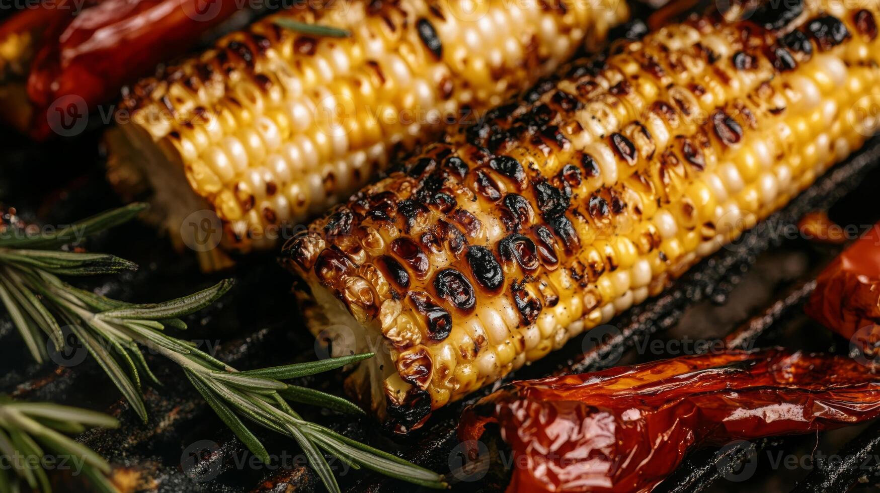 Corn on the cob charred to perfection alongside roasted peppers, accented by fresh herbs. Enjoying grilled food during a sunny gathering with friends or family. photo