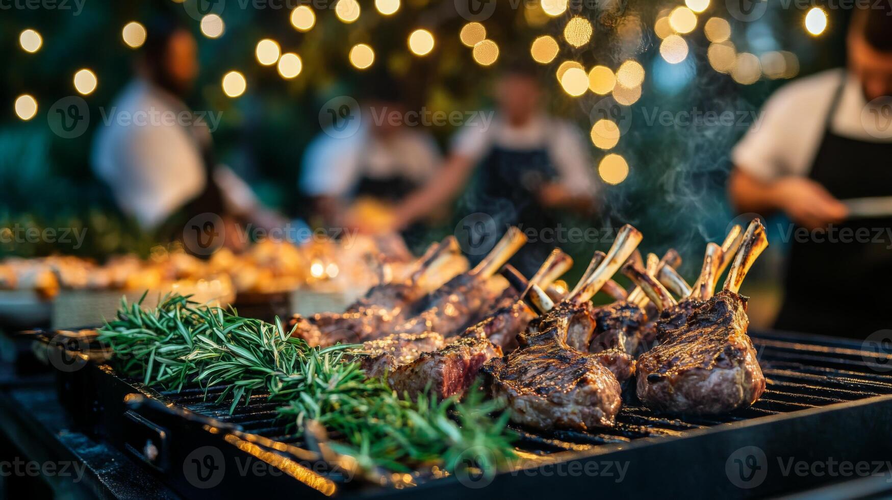 Chefs expertly grill tender lamb chops alongside fresh herbs in a vibrant outdoor atmosphere. Soft lights create a warm, inviting ambiance as delicious aromas fill the air. photo