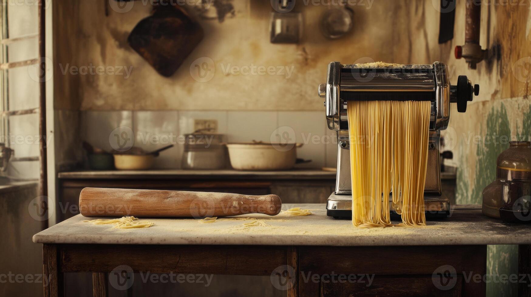 Fresh pasta is being rolled out using a manual pasta machine in a vintage kitchen. The wooden rolling pin rests beside the machine, creating a warm atmosphere perfect for cooking. photo