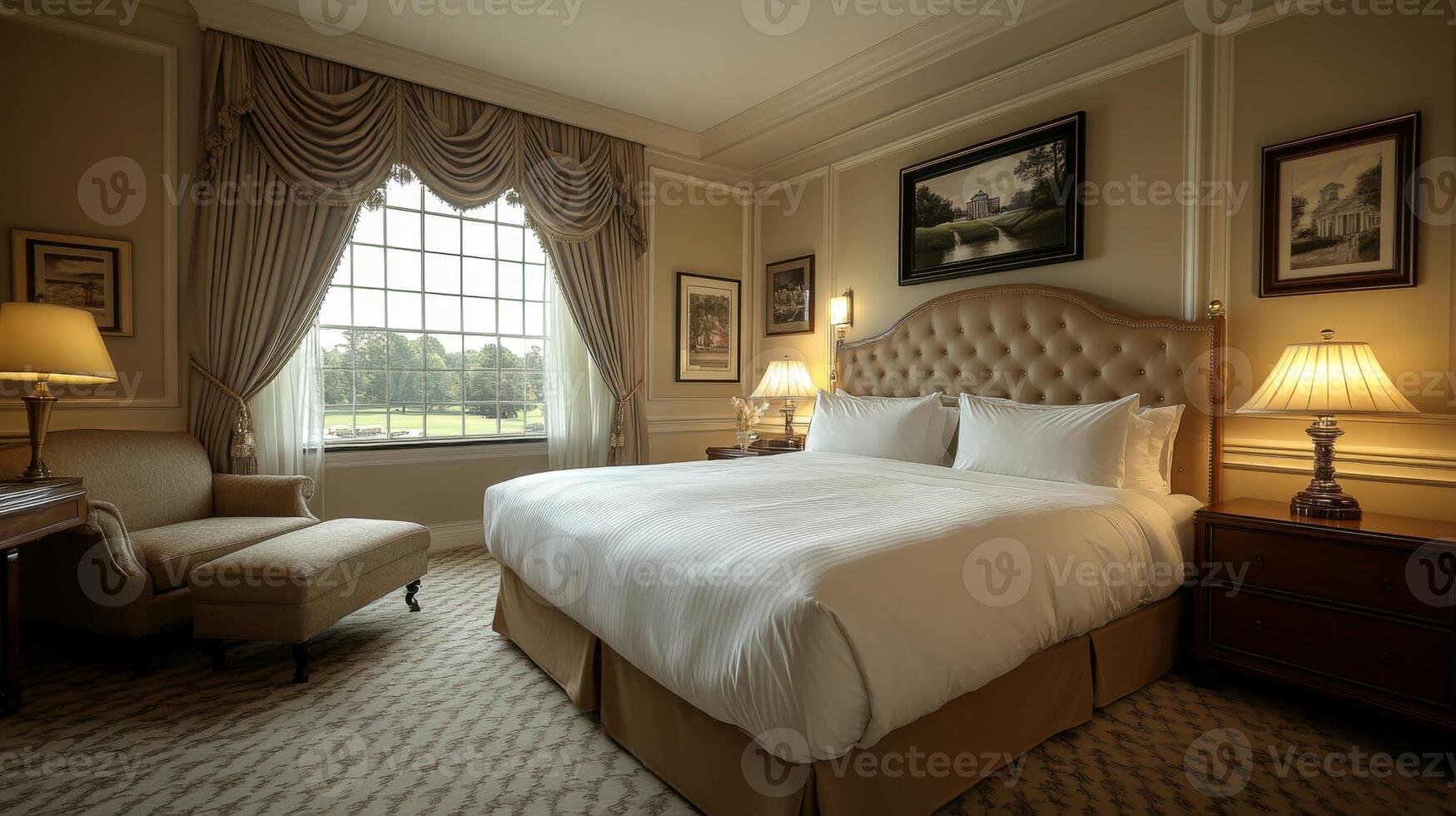 This stylish bedroom features a plush king-sized bed, a cozy chair, and elegant decor. Soft natural light pours in through the large window, creating a warm atmosphere. photo