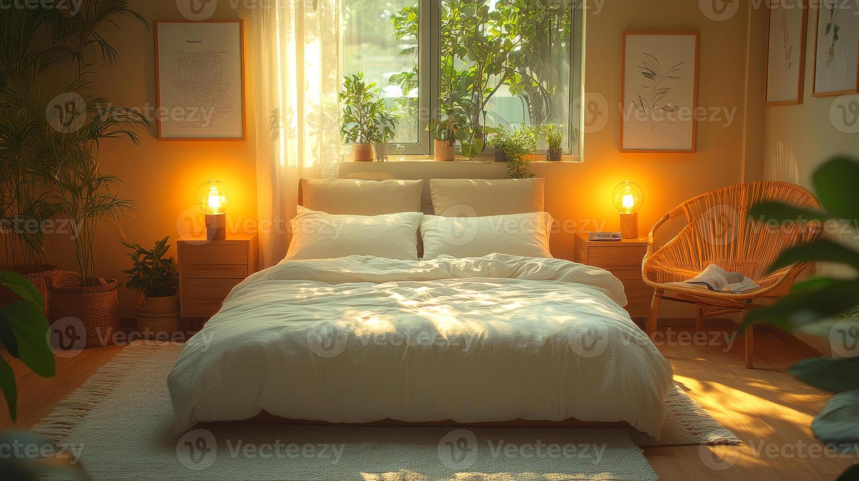A calming bedroom features a large bed with soft linens, surrounded by potted plants. Warm light emanates from bedside lamps, enhancing the tranquil ambiance in the late afternoon. photo