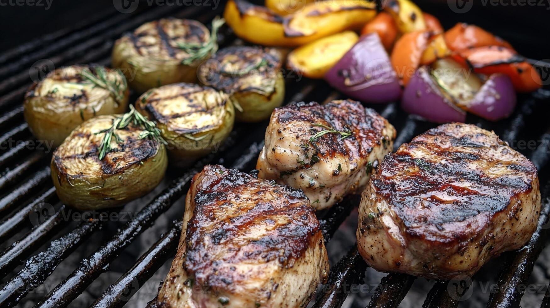 Tender chicken breasts sizzle on the grill alongside colorful bell peppers, onions, and savory potatoes. The heat enhances the flavors in the vibrant summer setting, perfect for outdoor gatherings. photo