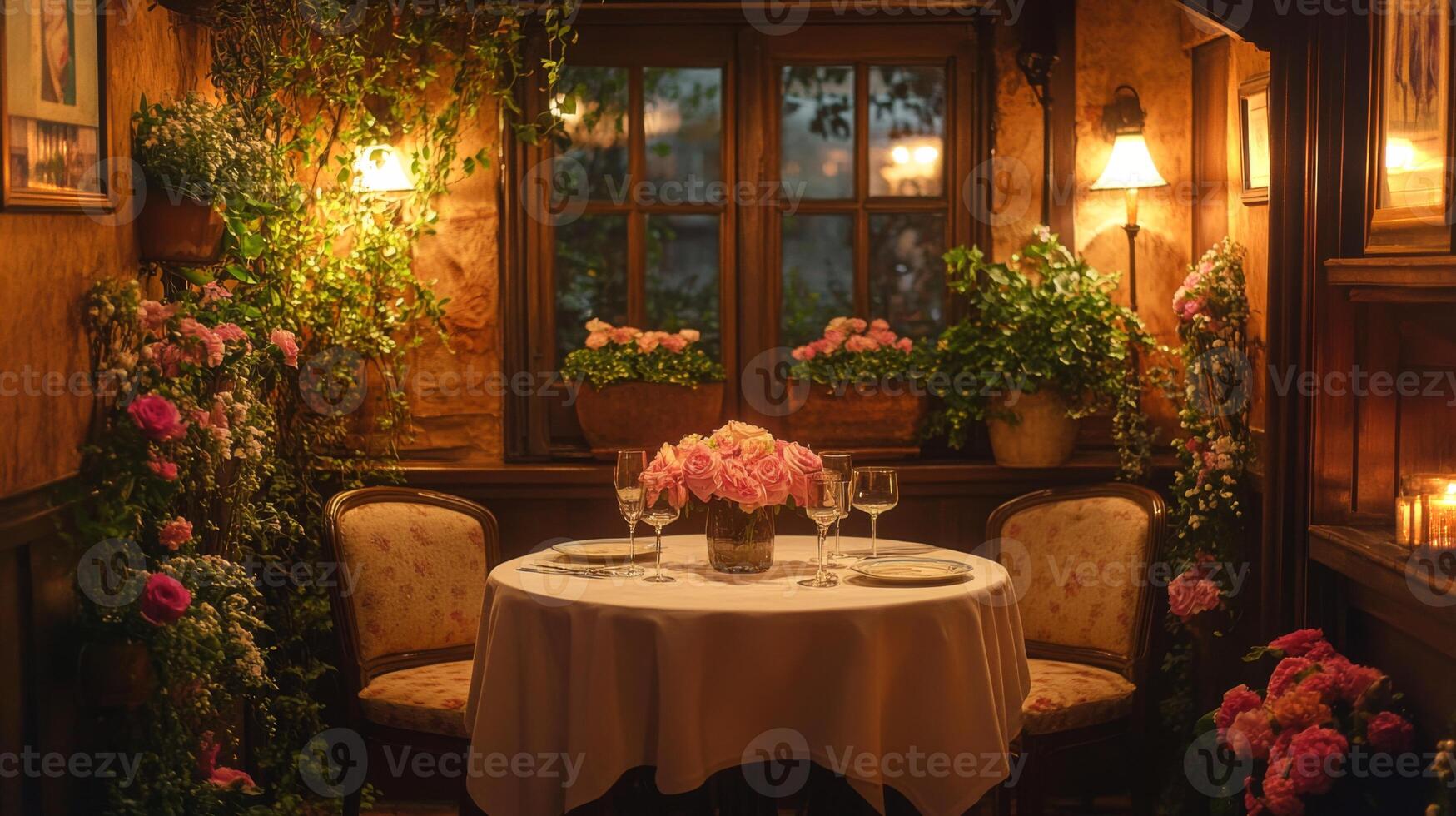 A beautifully arranged table for two sits in a warmly lit corner of a restaurant, surrounded by lush greenery and blooming flowers. The atmosphere is romantic and inviting. photo