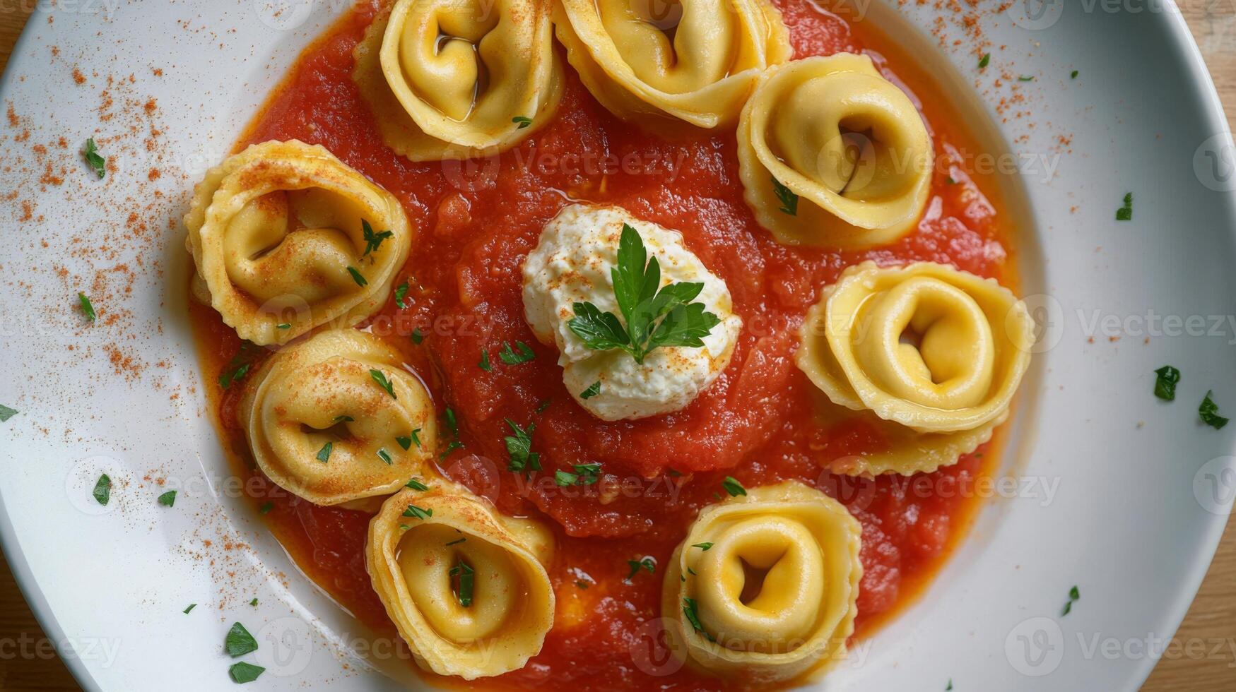A colorful plate features flavorful pasta pieces arranged in a circle topped with a dollop of ricotta cheese. Fresh herbs and seasoning enhance this appetizing dish. photo