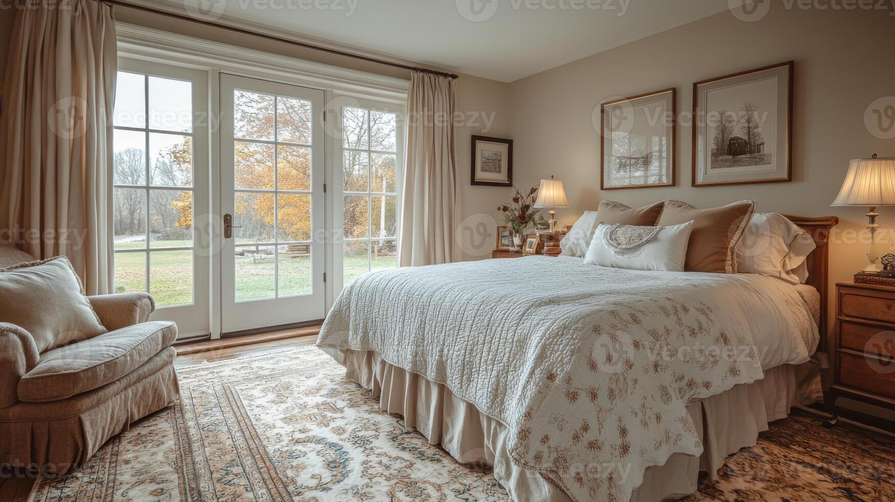 This cozy bedroom features a large bed with soft linens, elegant decor, and natural light streaming through glass doors that open to an autumn landscape. photo