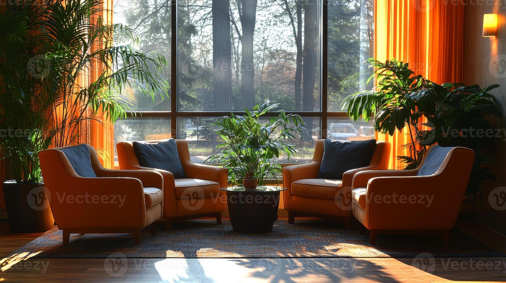 Bright sunlight filters through large windows highlighting a cozy seating area with orange chairs and vibrant plants, creating a relaxing atmosphere in a tranquil environment. photo
