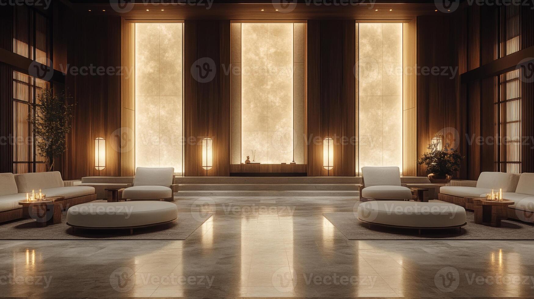 Softly lit spa interior features minimalist seating and warm ambiance. Perfect for relaxation and wellness activities, inviting tranquility and peace. photo