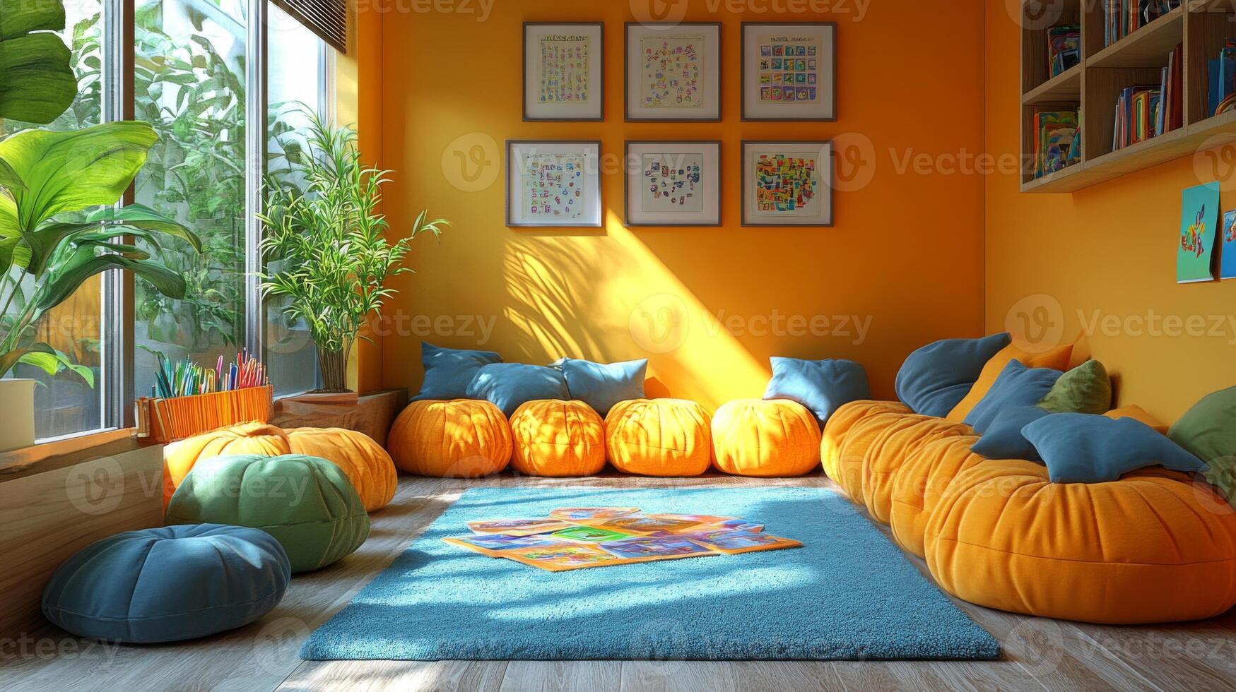 A warm playroom features large, colorful bean bags arranged on a soft rug. photo