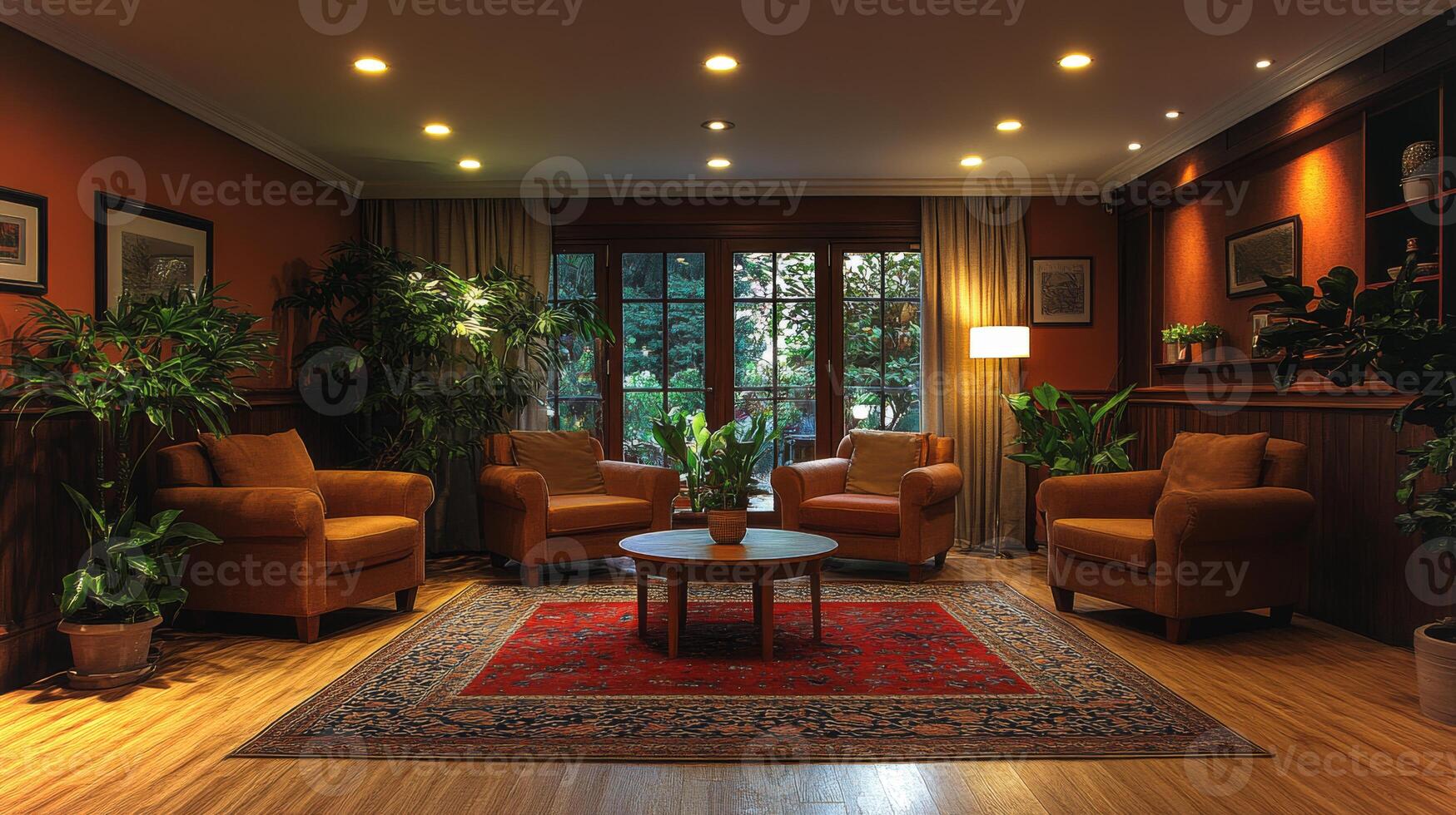 Soft golden light bathes a cozy living room filled with comfortable armchairs and indoor plants, creating a tranquil and inviting atmosphere in the evening. photo