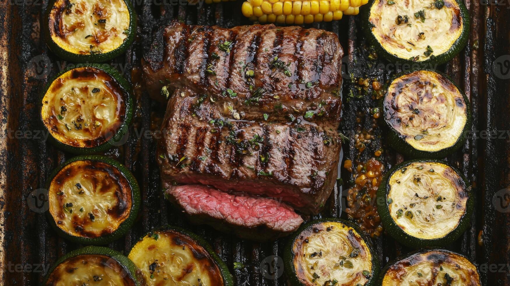 Juicy grilled steak sits center stage, surrounded by perfectly charred zucchini and yellow squash, along with vibrant corn, showcasing a delicious summer barbecue feast. photo