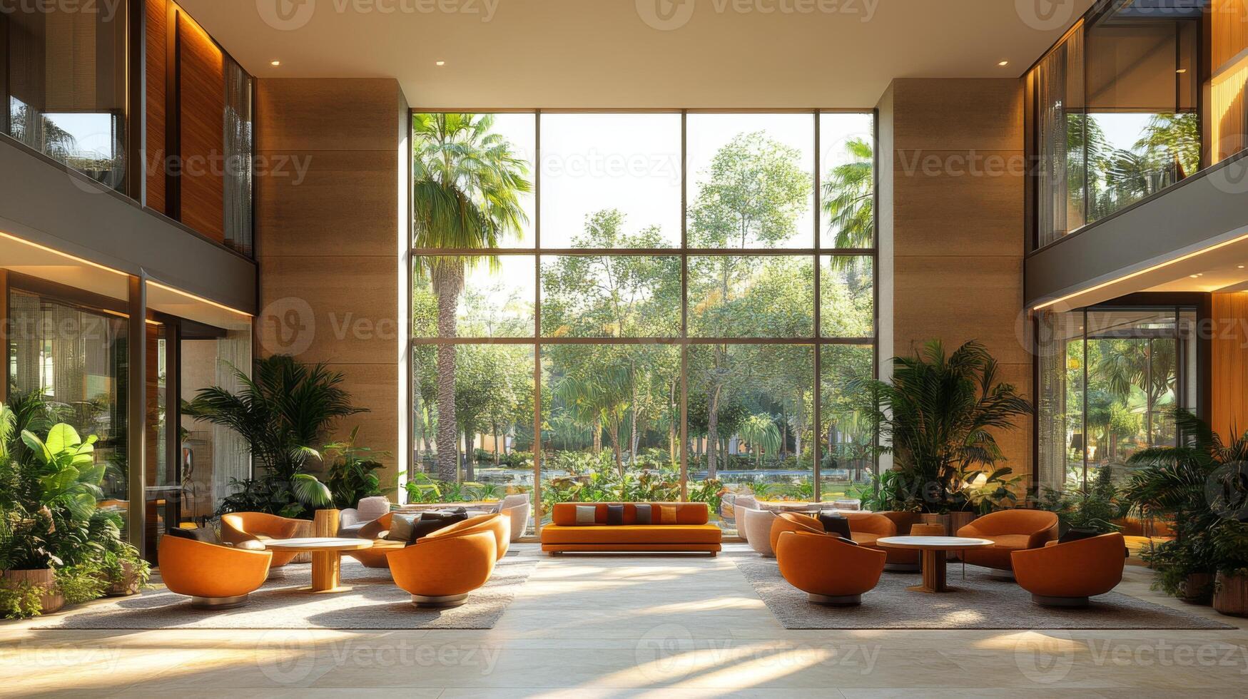 Bright lounge area with large windows letting in natural light, filled with tropical plants and stylish orange furniture. Comfortable seating encourages relaxation and social interaction. photo