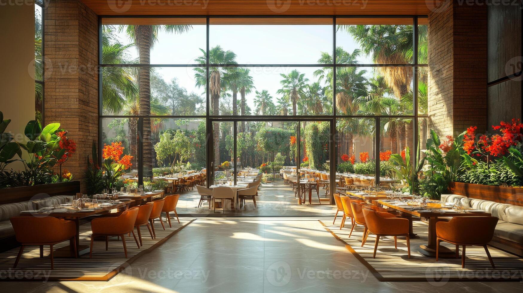A spacious dining area features rows of tables surrounded by bright flowers and palm trees. The sunlight filters through large glass windows, creating a warm atmosphere. photo