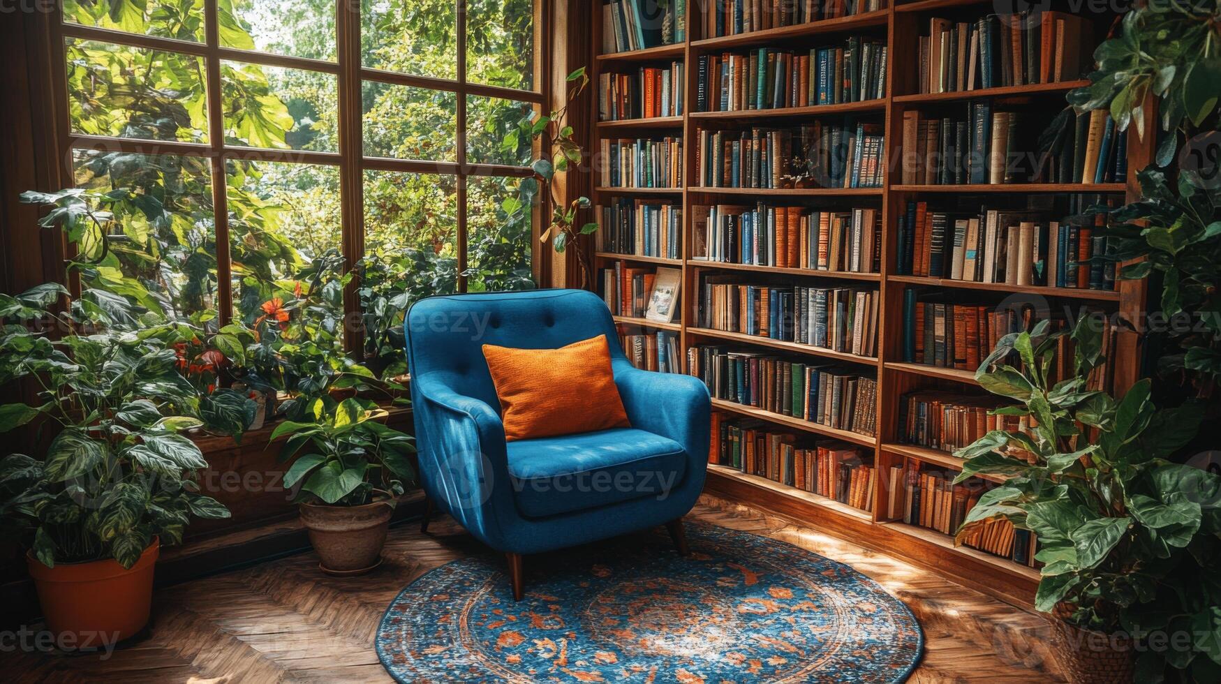 A blue armchair with an orange pillow is positioned in a sunny corner of a library. Vast bookshelves filled with books line the walls, while plants add a touch of nature and tranquility. photo