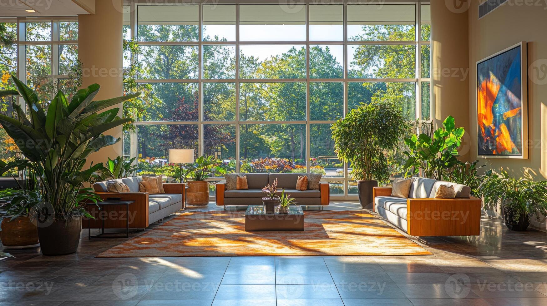 Soft sunlight fills a stylish hotel lobby with large windows, illuminating comfortable seating, lush plants, and vibrant artwork, creating a welcoming ambiance. photo