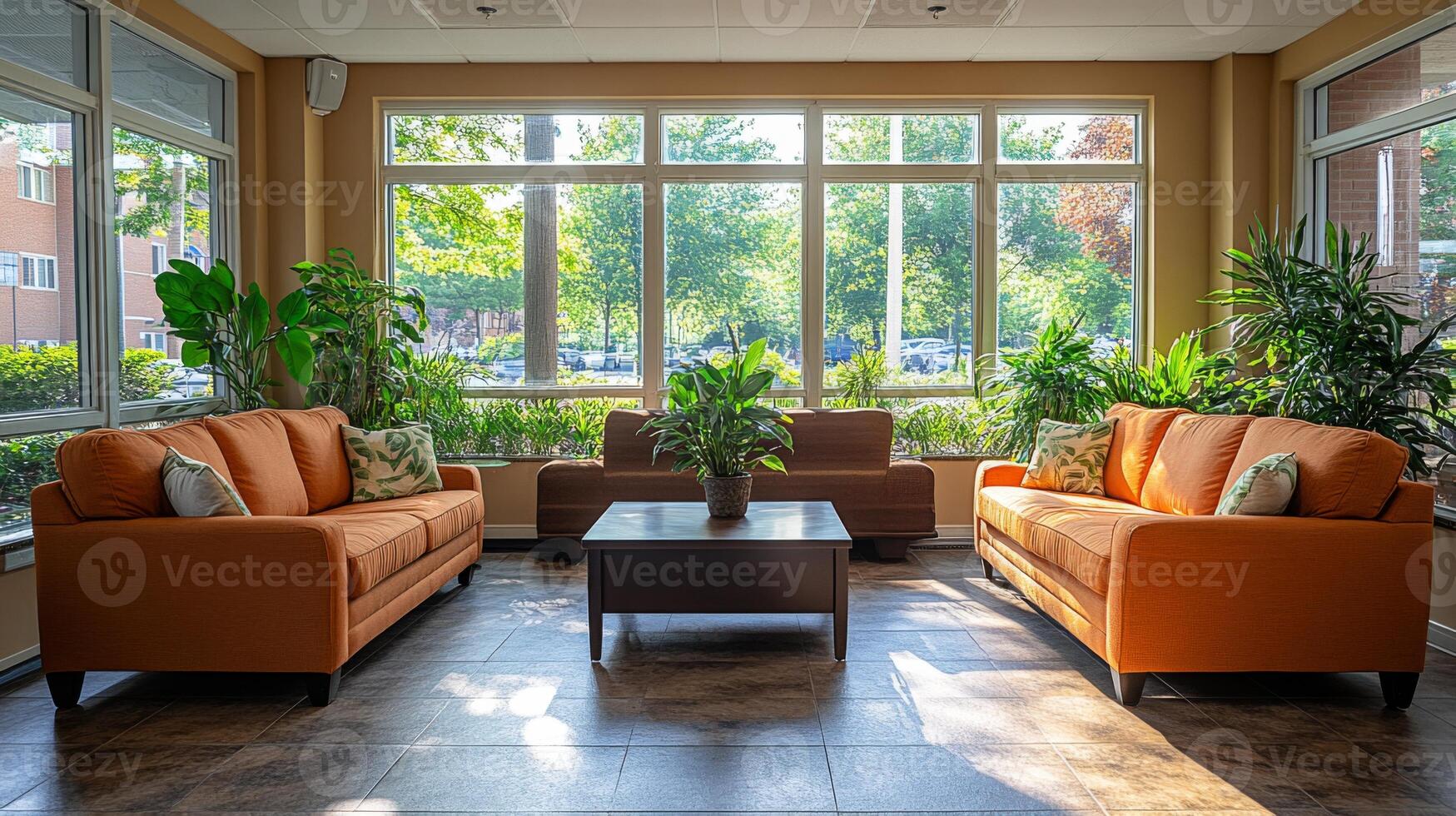 This cozy sitting area features orange couches and a coffee table surrounded by greenery. Sunlight pours through large windows, creating a warm atmosphere. photo