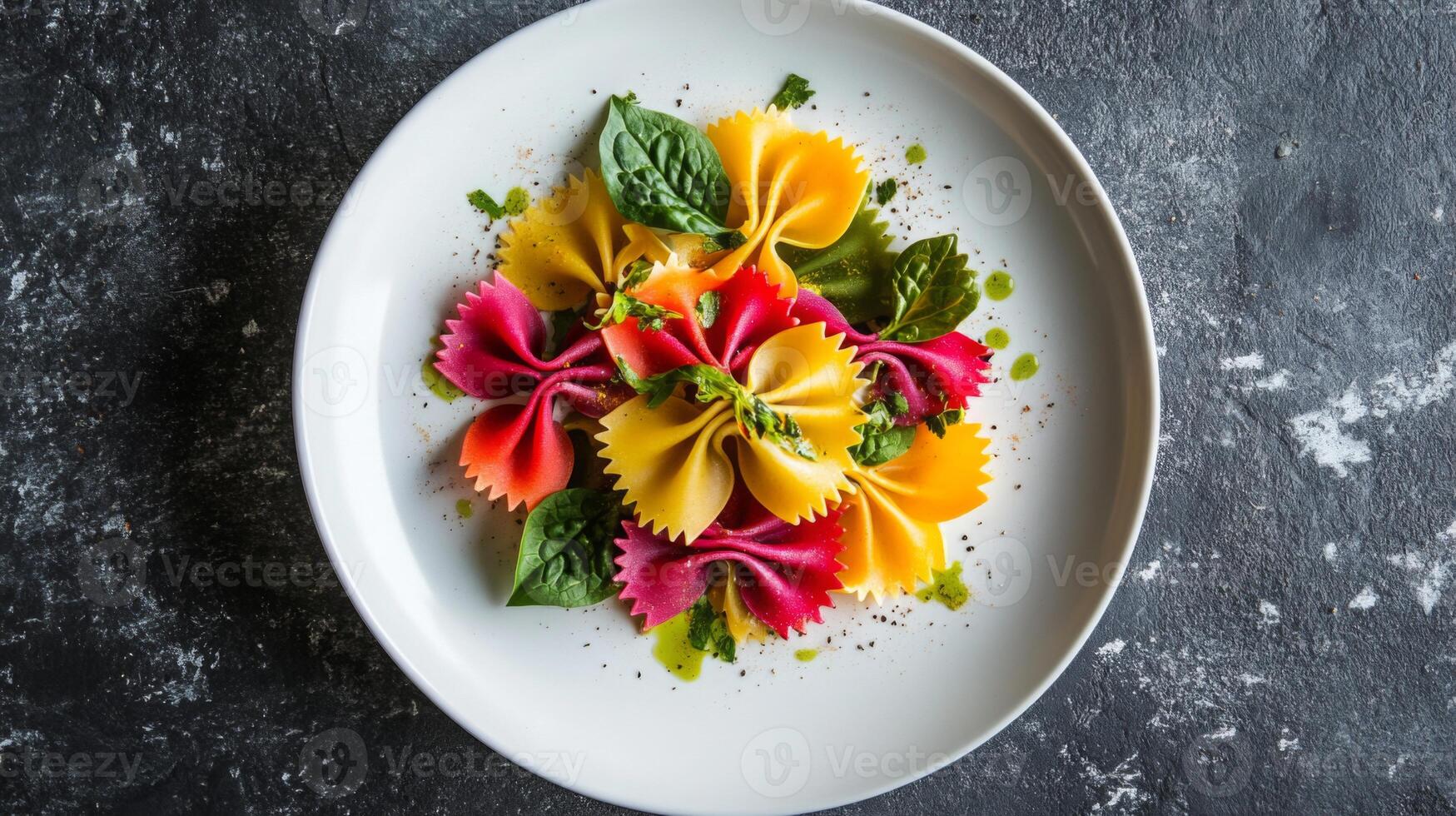 A vibrant pasta dish showcases variously colored farfalle shaped pasta, garnished with fresh greens and an exquisite sauce. The meal is presented on a simple white plate against a dark background. photo