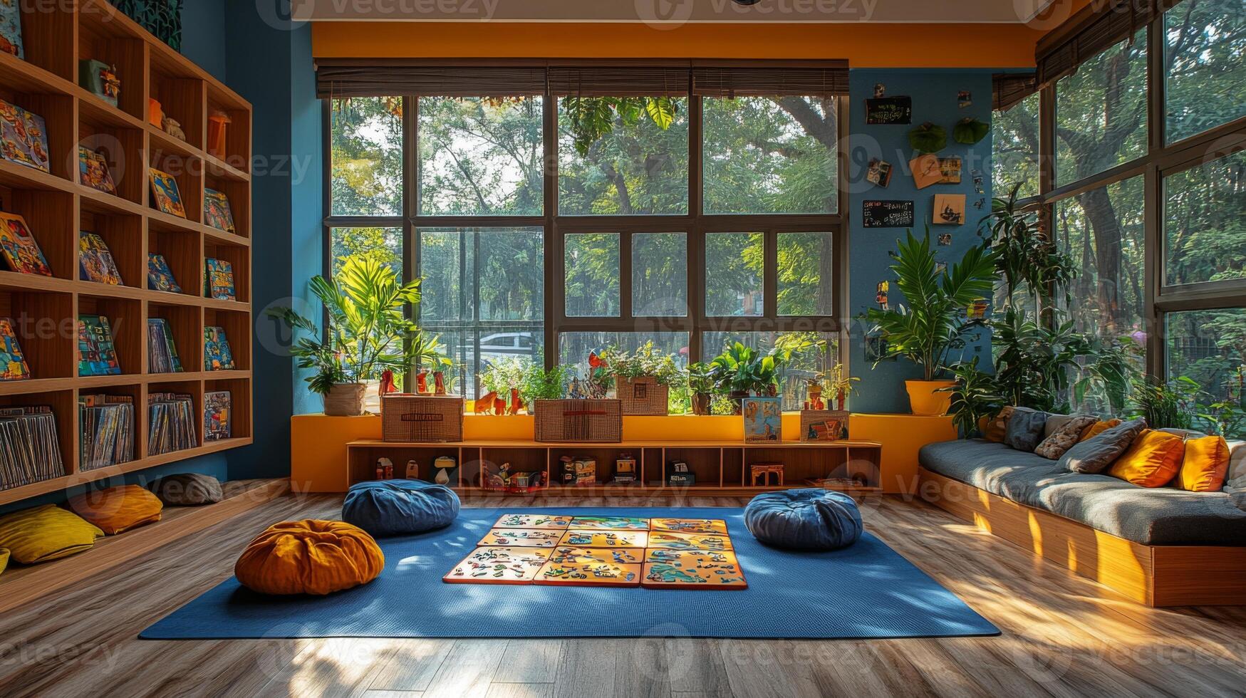 A cozy reading area features floor cushions and a vibrant rug, illuminated by natural light streaming through large windows. Shelves are filled with books and plants. photo