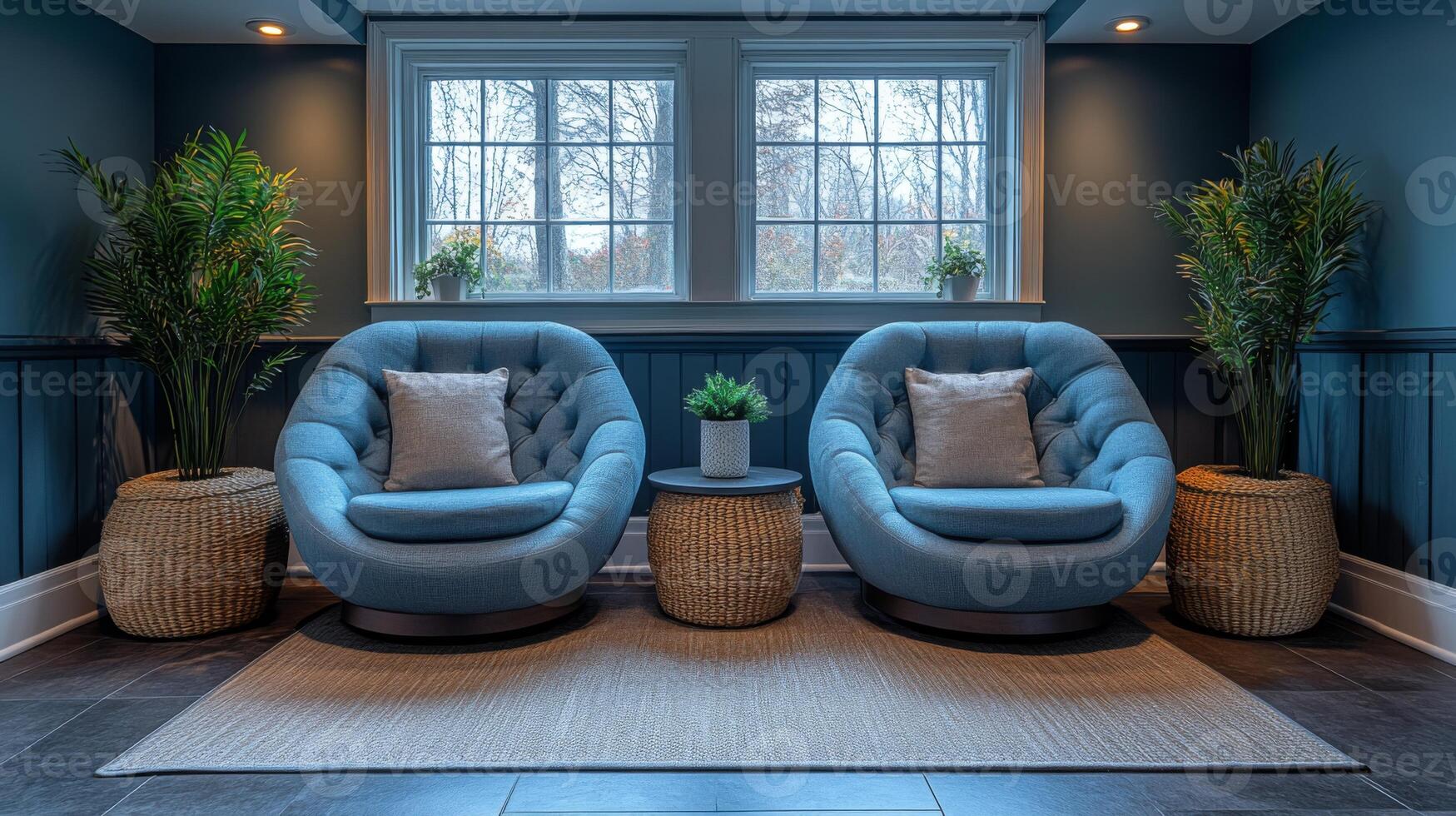 Two soft blue chairs are positioned by large windows, creating a bright, inviting atmosphere. Potted plants add a touch of nature to the contemporary space. photo