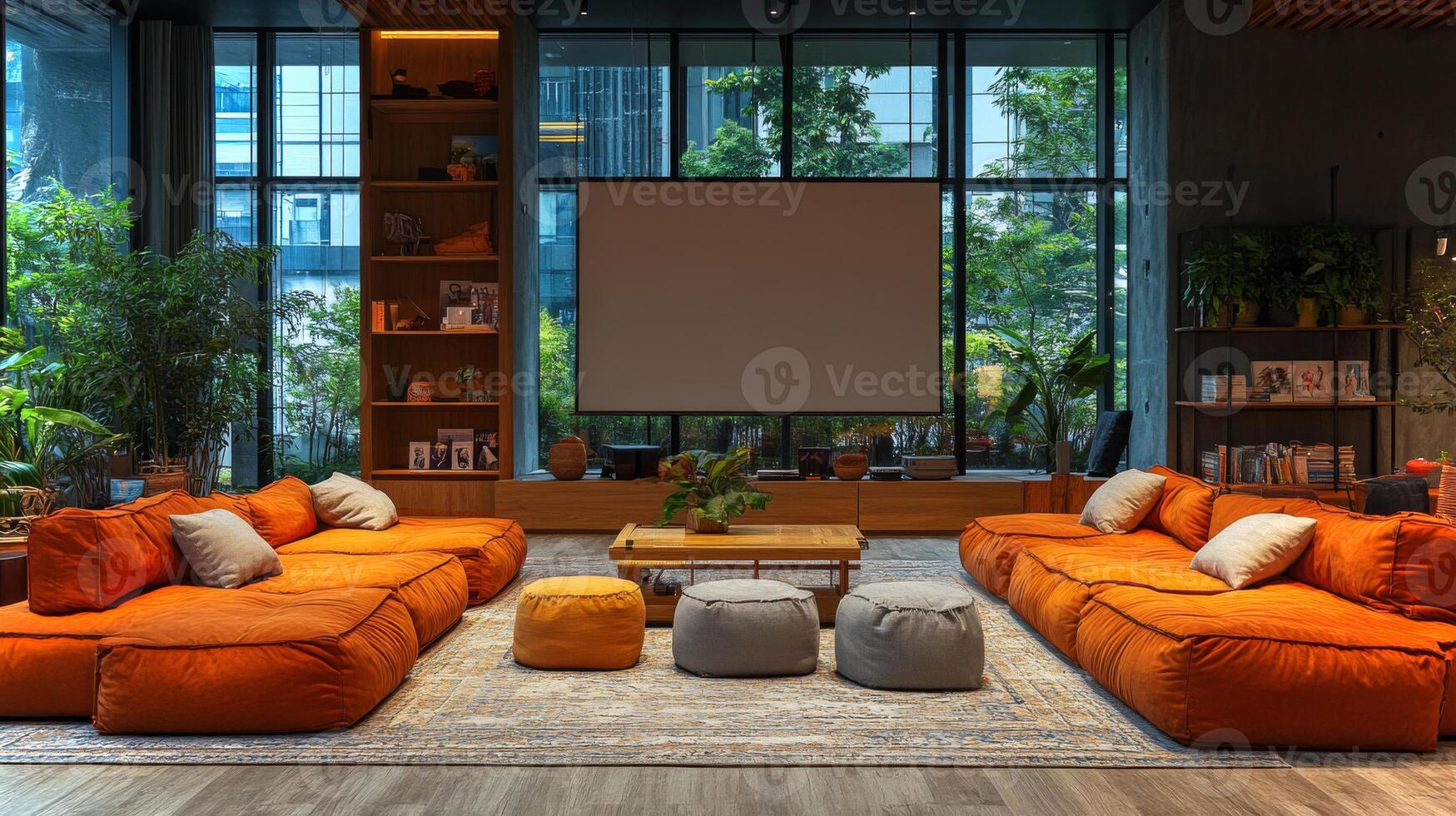 A modern lounge features bright orange cushions and a wooden coffee table surrounded by lush plants. Large windows provide natural light, creating a warm atmosphere. photo