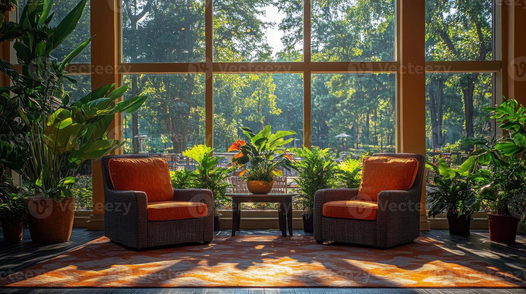 This inviting lounge area features two comfortable chairs with orange cushions, a small table, and lush plants. Sunlight streams through large windows, illuminating the vibrant decor. photo