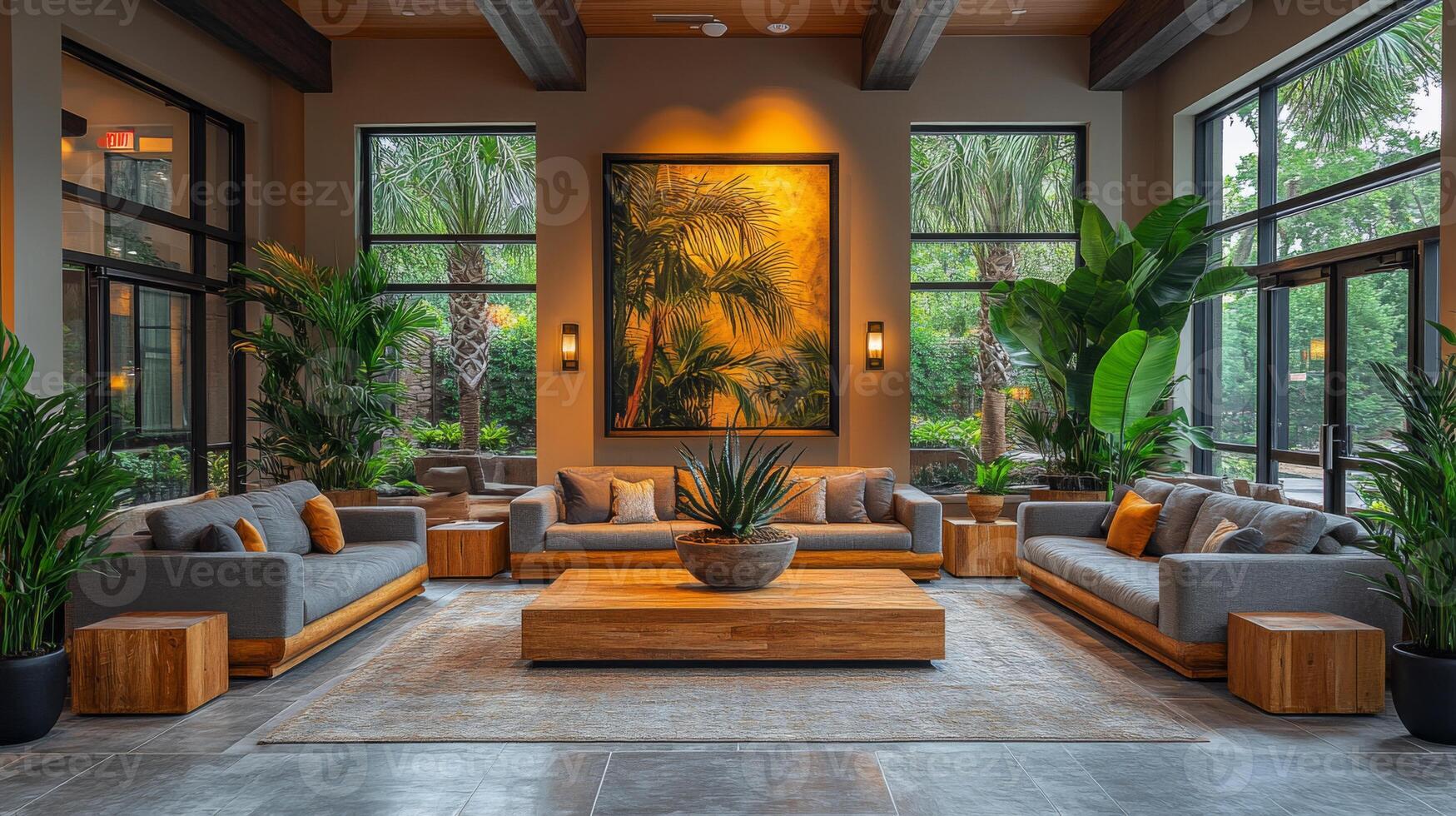 A contemporary living area features plush gray sofas, a large wooden coffee table, and vibrant greenery. Natural light floods in through spacious windows, enhancing the relaxing atmosphere. photo