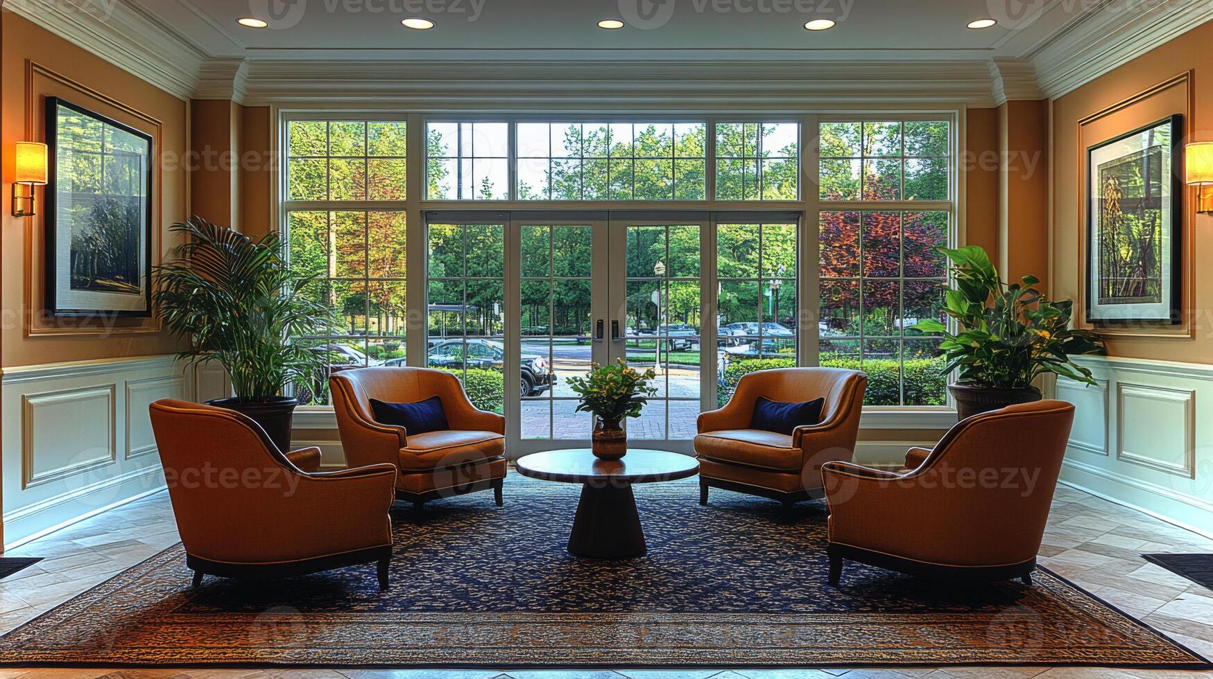 A spacious lounge features four orange chairs arranged around a round table, illuminated by natural light from large windows. Plants enhance the inviting atmosphere. photo
