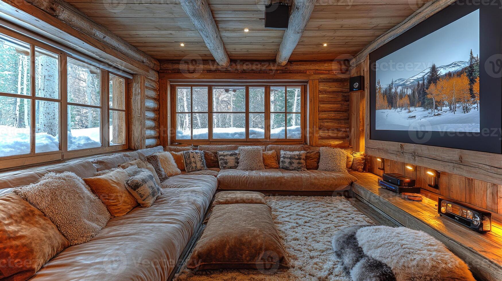 A spacious living room in a log cabin features large windows that reveal a snowy outdoor view. The plush seating arrangement invites relaxation, perfect for winter gatherings. photo