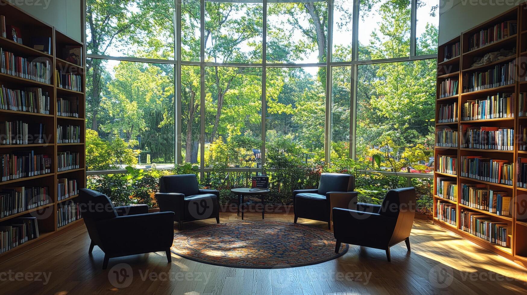 A serene library corner with comfortable chairs surrounding a small table. Large windows bring in natural light and showcase lush outdoor trees, creating a peaceful atmosphere. photo