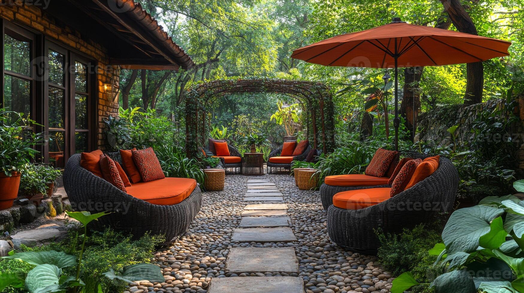 A charming outdoor seating arrangement features comfortable wicker chairs with orange cushions, surrounded by vibrant plants and trees in a serene garden setting. photo