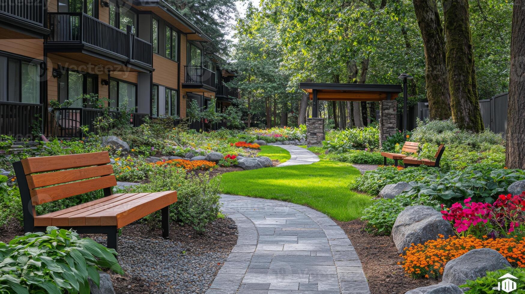 A winding stone pathway leads through a lush garden filled with vibrant flowers. Wooden benches invite relaxation in a peaceful residential setting shaded by trees. photo