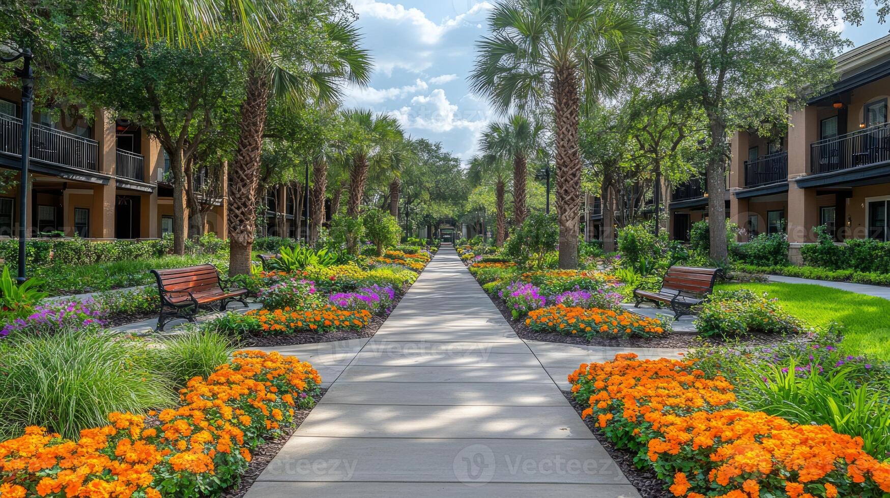 A well-maintained path adorned with colorful flowers leads through a resort, framed by palms and greenery under a bright sky, inviting relaxation and enjoyment. photo