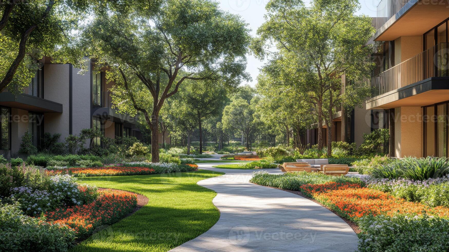 Lush greenery frames a winding pathway that leads through a charming garden. The scene features colorful flowers and neatly arranged benches, providing a serene atmosphere in a residential area. photo