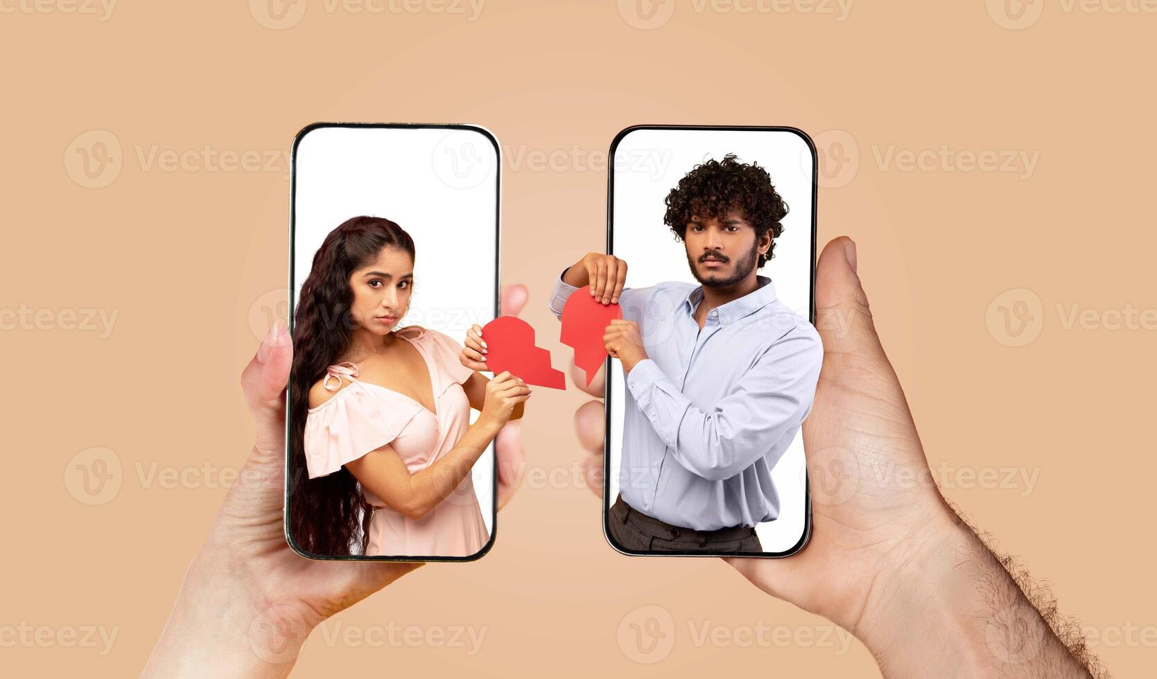 A couple is depicted using smartphones to communicate feelings. Each holds a broken heart, showing emotional distress. The collage highlights the impact of digital communication on relationships. photo