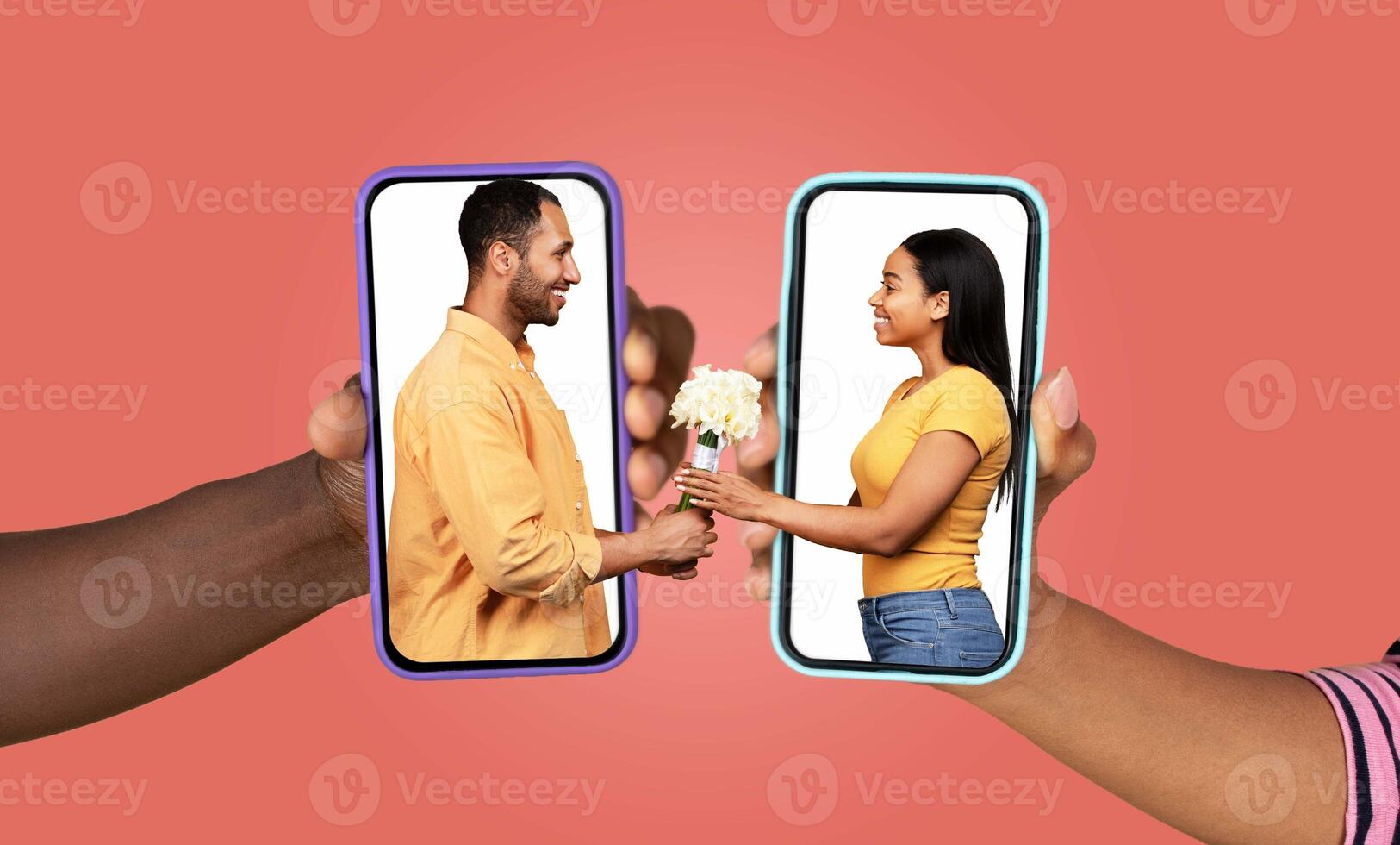 A couple joyfully interacts with their smartphones, exchanging sweet messages and feelings. The man holds flowers on his screen as the woman smiles, showcasing their love from a distance. photo