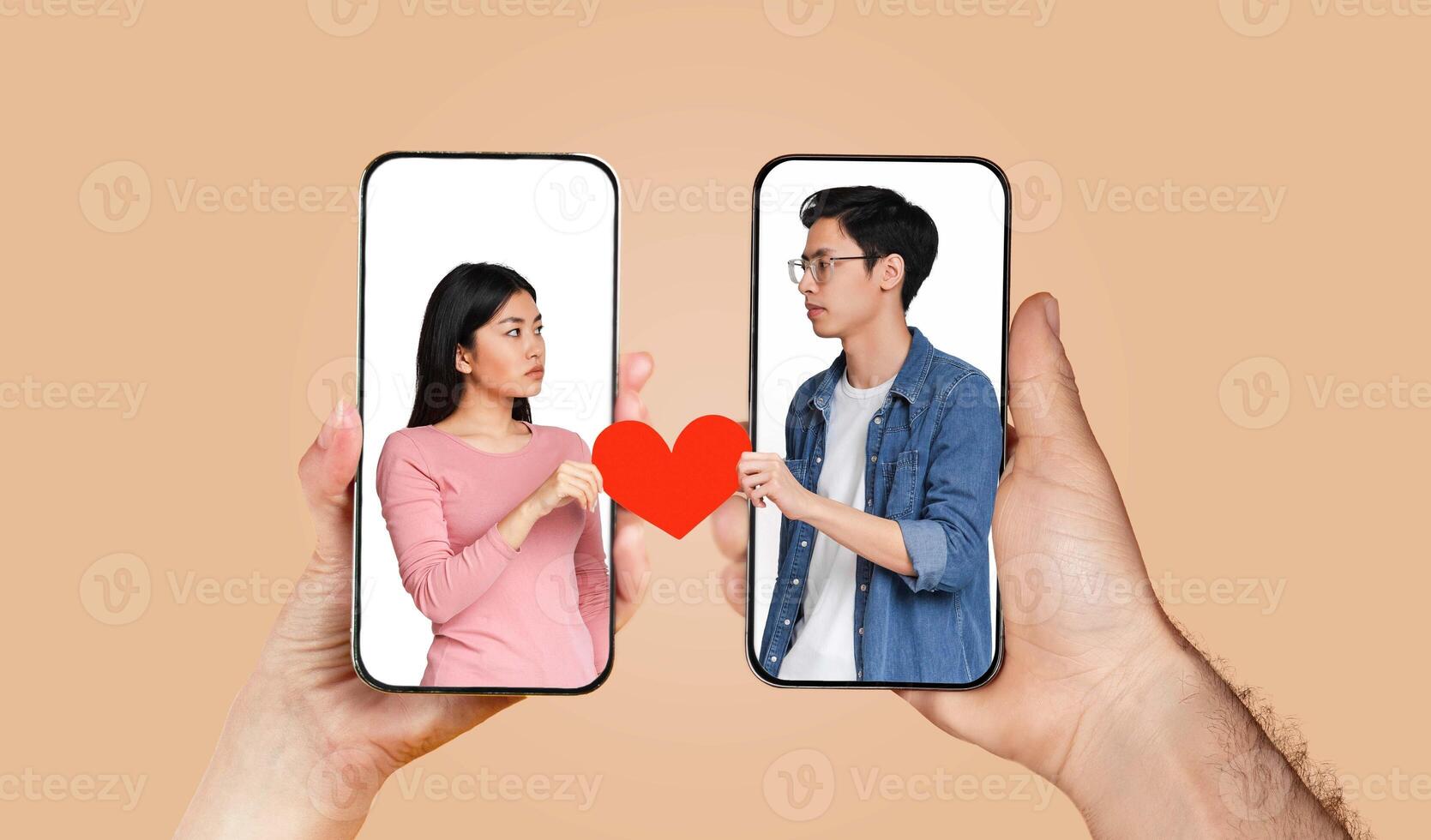 This artwork depicts a couple holding smartphones, each showing the other, while they connect emotionally. Their expressions reflect love and anticipation as they share a heart symbol. photo