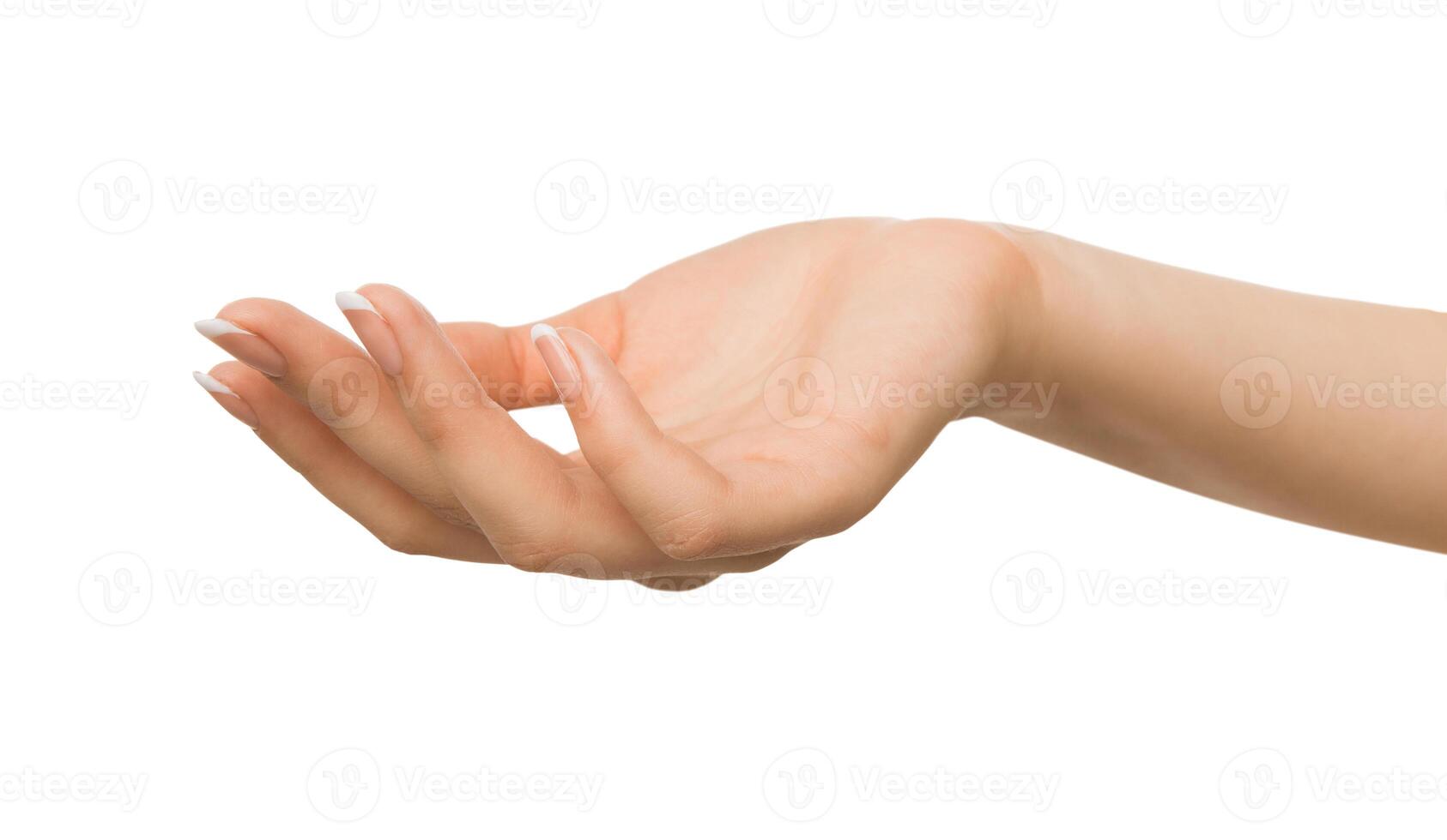 Outstretched female hand, woman keeping empty cupped palm on white isolated background - offering or begging concept, close-up, copy space, cutout photo