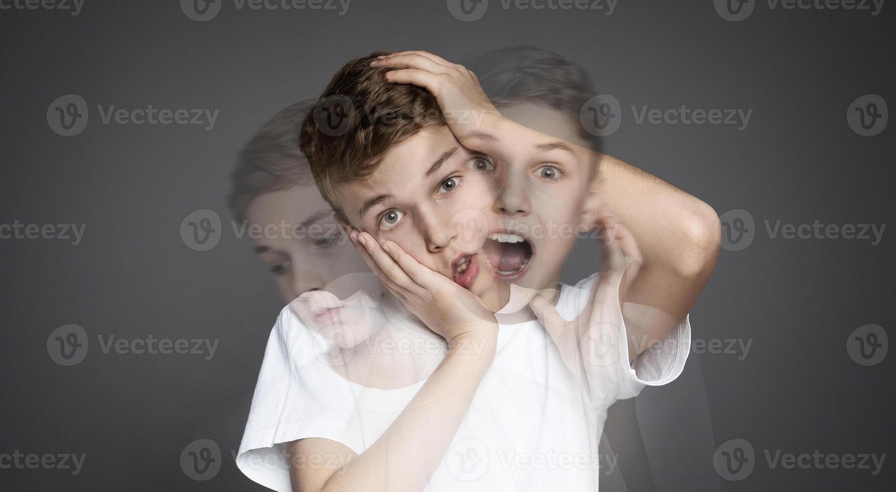 Personality disorder. Psychedelic collage of teen boy suffering from schizophrenia, panorama photo