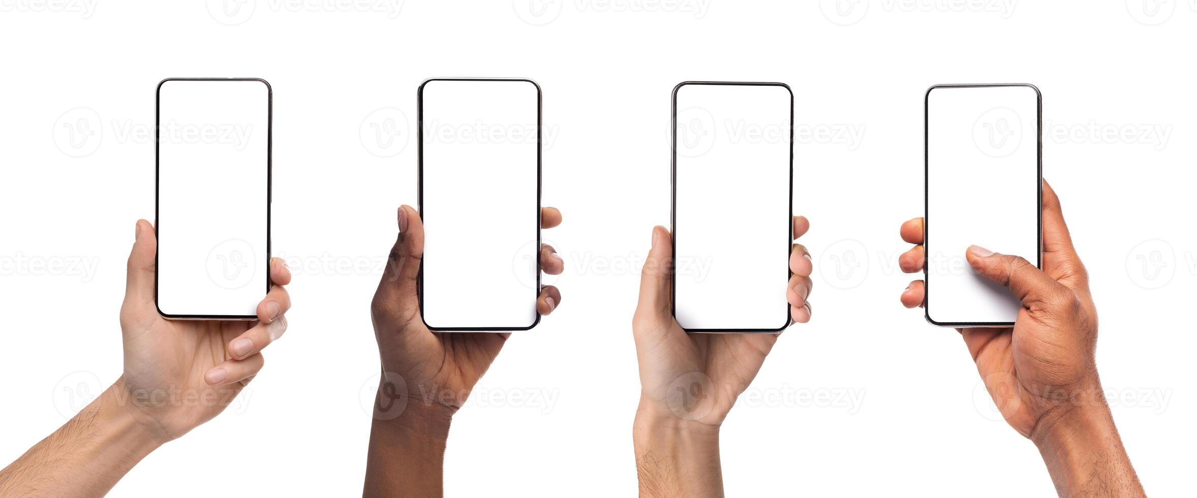 Set of female and male hands holding smartphones with white empty screen, showing using devices, transfer data, sharing media. Vertical gadget monitor with blank space, mock up, studio background photo