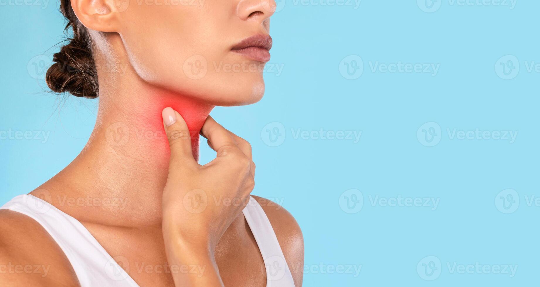 Healthcare, Cold and People Concept. Closeup of unrecognizable sick woman suffering from sore throat, ill lady touching neck with hand, inflamed red zone, banner, panorama, free copy space photo