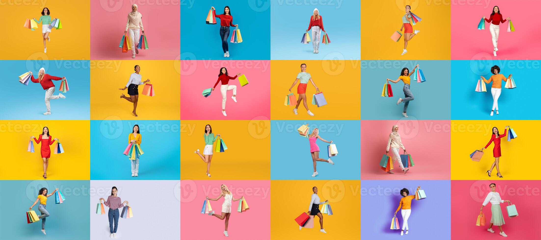 This vibrant collage showcases a variety of people happily shopping during a sale, each holding colorful bags against bright backgrounds. It's a celebration of retail excitement. photo