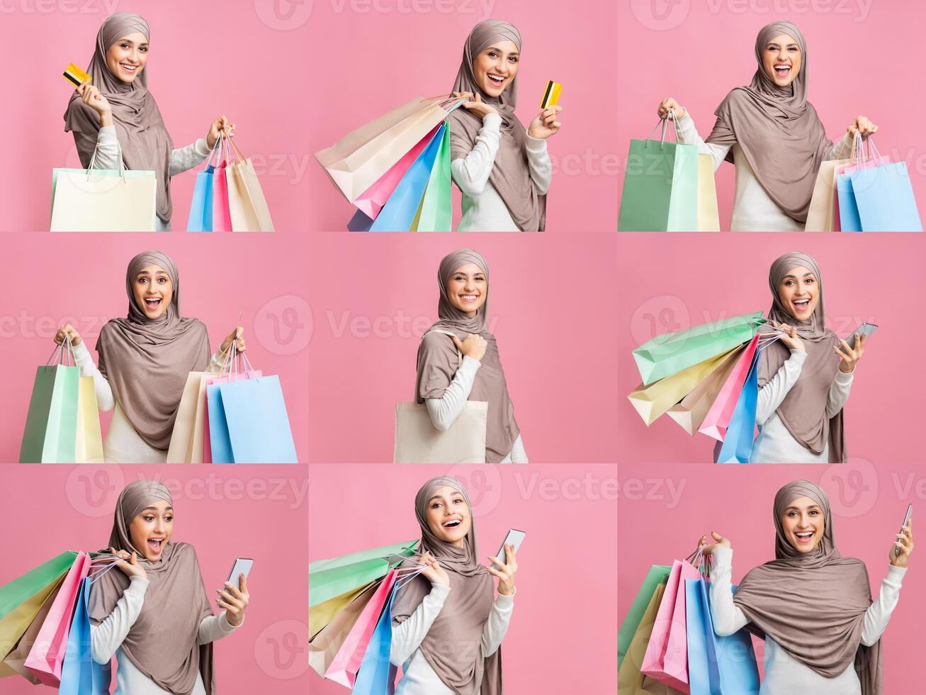 A cheerful woman wearing a hijab happily showcases colorful shopping bags and enjoys discounts during a sale. The collage highlights joyful expressions in a festive shopping atmosphere. photo